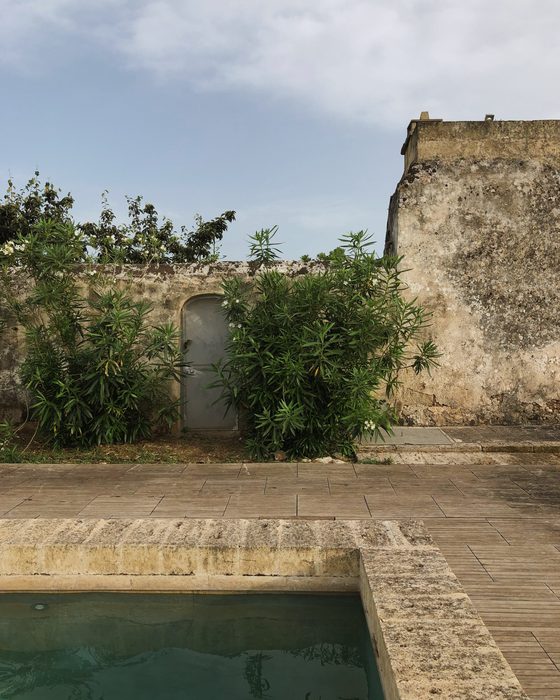 The pool set against the old boundary wall